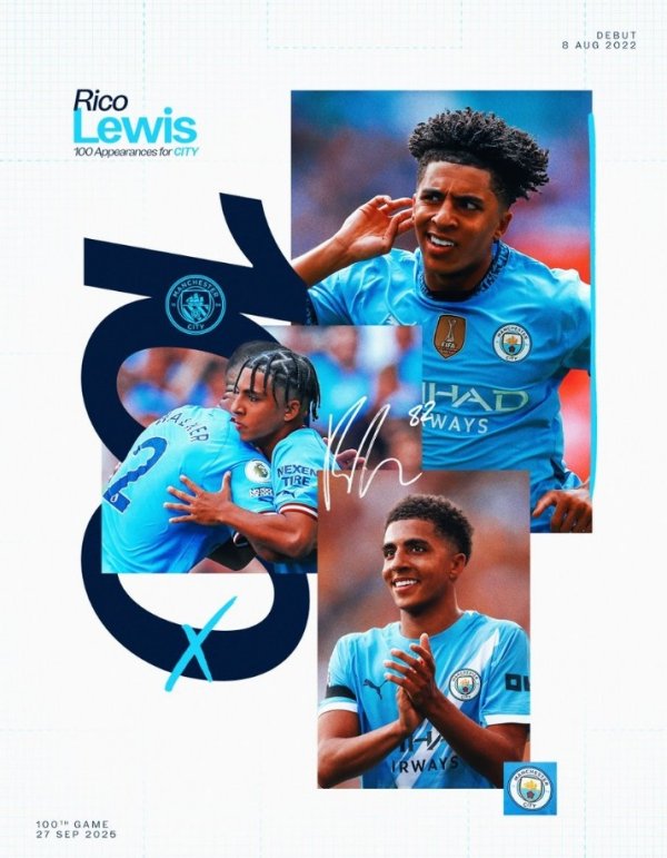 刘易斯后备  登场迎曼城生涯百场里程碑，此前贡献5球10助功