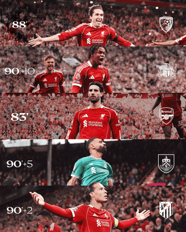 又致胜球  了! 利物浦新赛季开局5连胜, 制胜球全部在80分钟之后打进